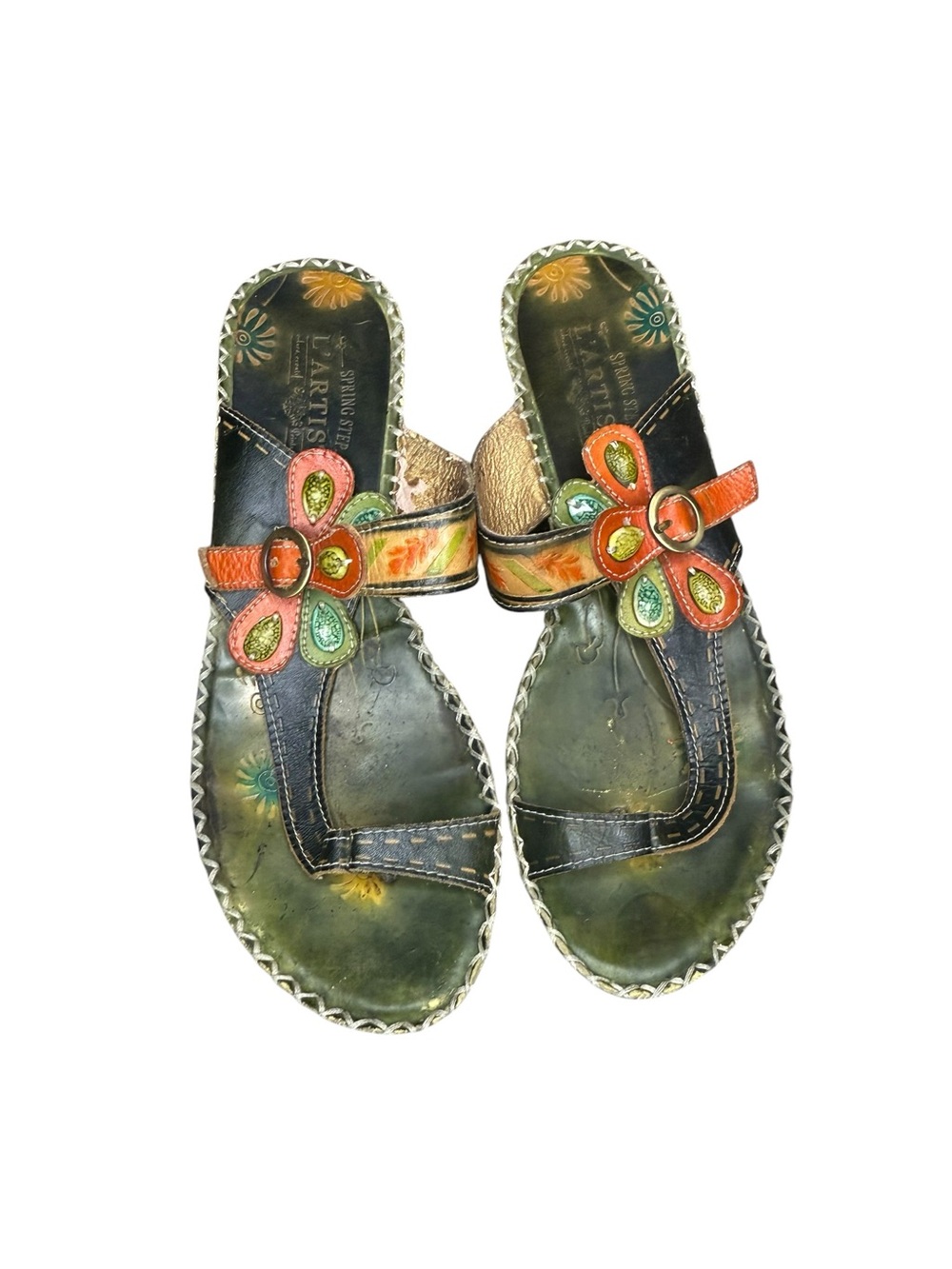 L'ATISTE Green Leather Boho Sandals with Orange Floral Accents